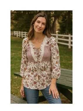 Absolutely Famous Cream Blouse with Mauve Floral Panels